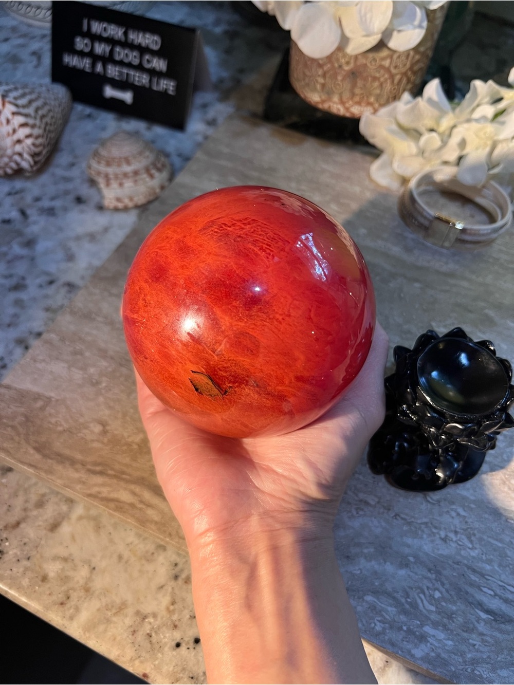 Huge Stone Sphere on Black Lotus Stand - Red Quartz? 3 3/4 inches diameter